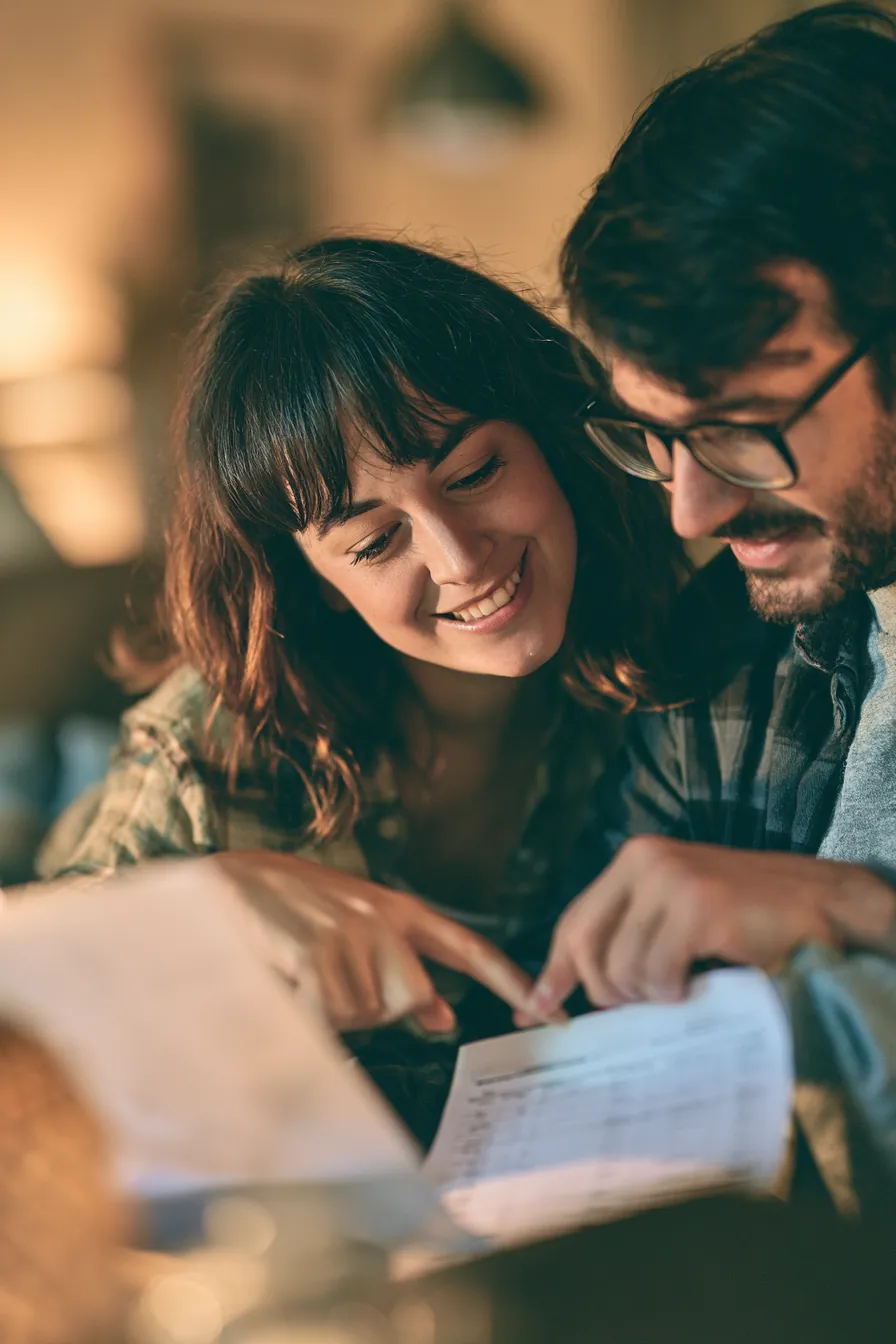 Couple presenting boarding passes at an airport check-in counter for a vacation financed responsibly