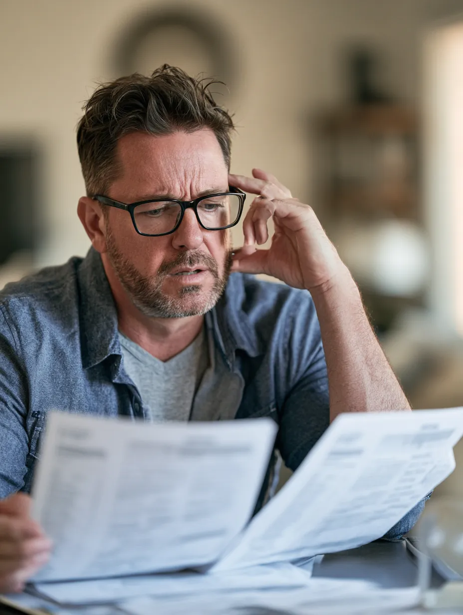 Man organizing monthly bills into labeled categories for debt consolidation review