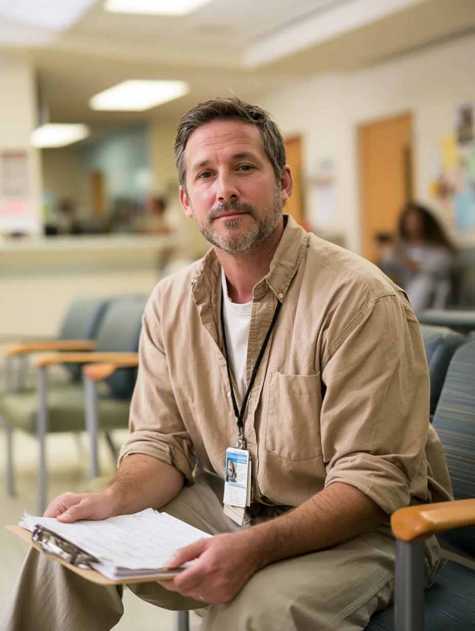 Man in a medical clinic waiting room composedly reviewing paperwork for a medical loan