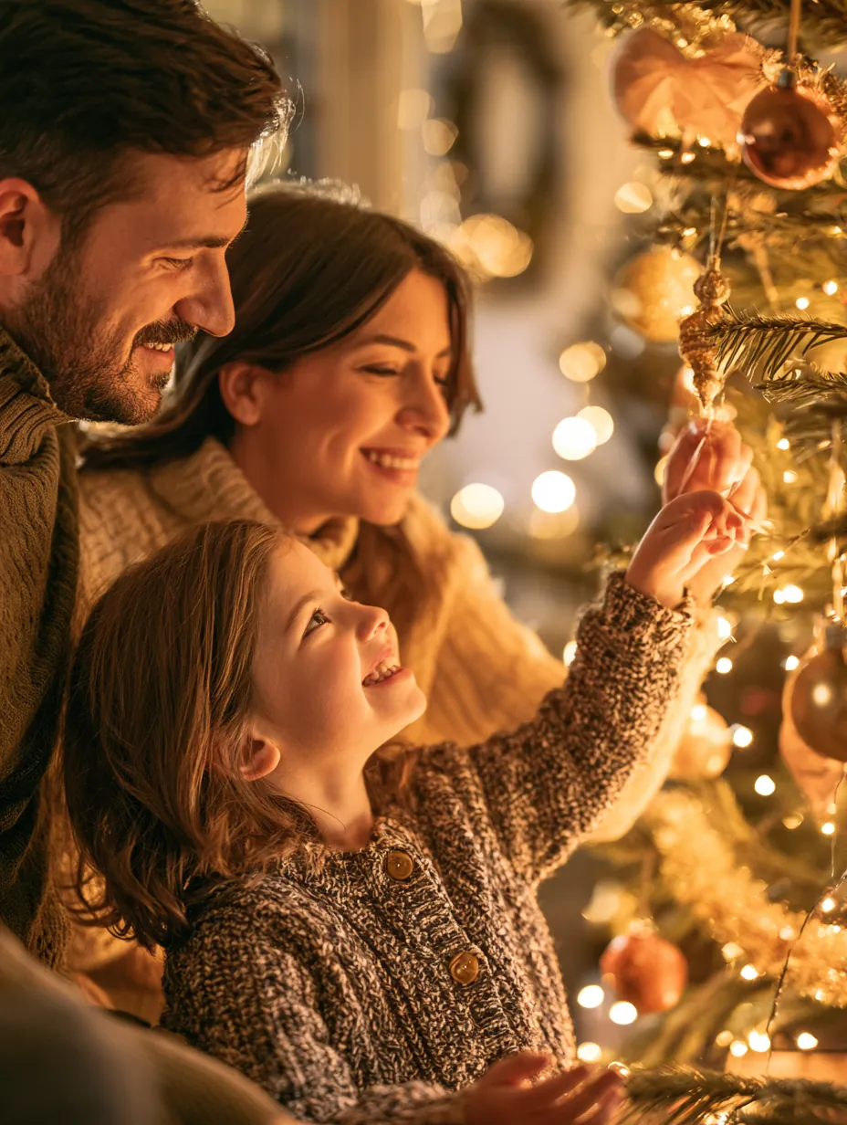 Family hanging ornaments on a Christmas tree together during the holiday season