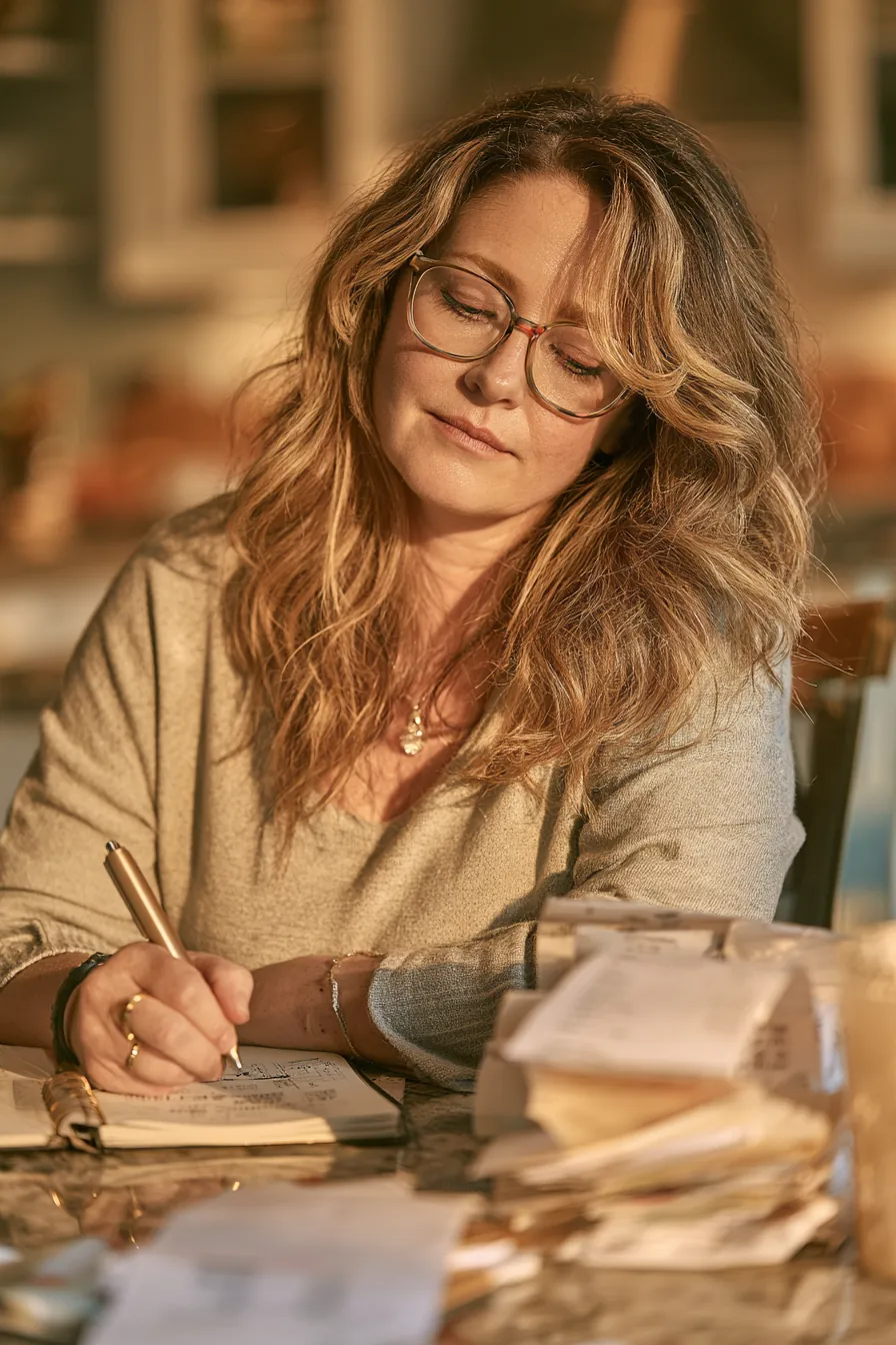 Woman reviewing holiday purchase receipts and writing budget totals at her kitchen table