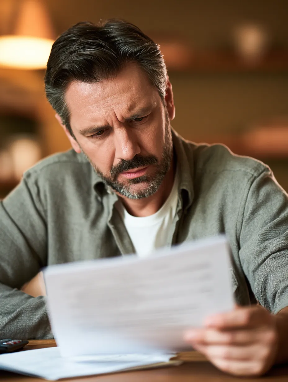 Man reading an installment loan terms document carefully at his home desk
