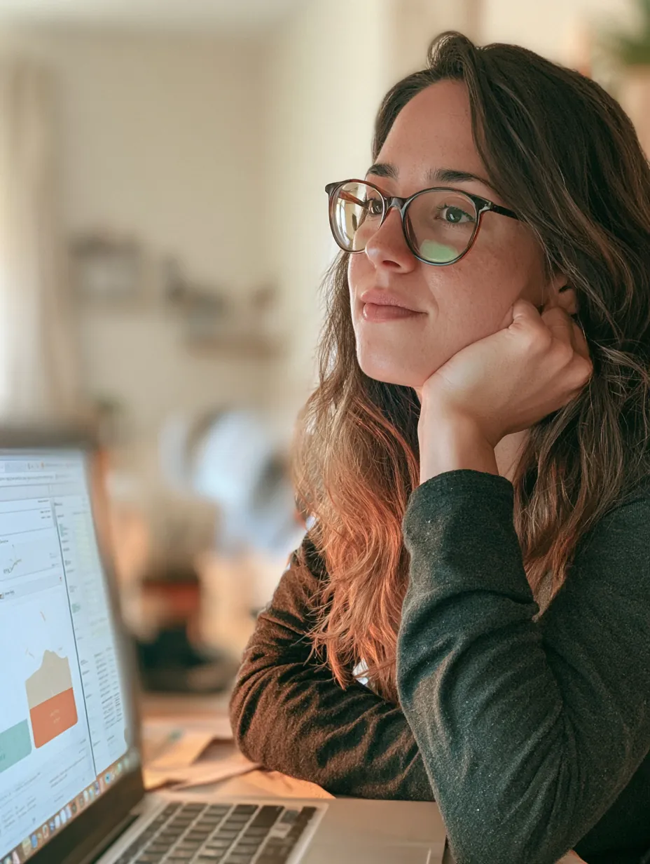 Woman reviewing a debt payoff progress chart on a laptop