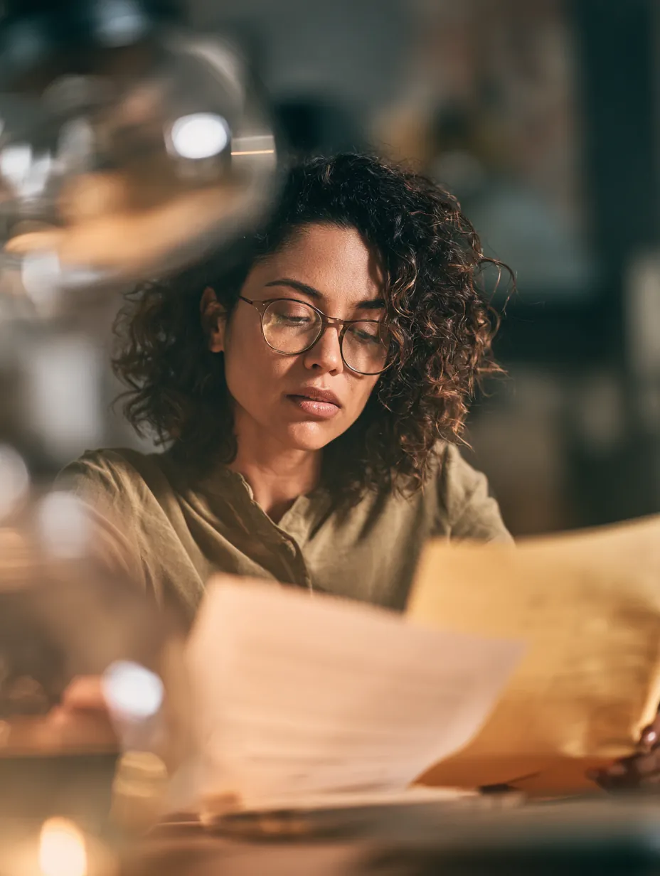 Woman reading an installment loan agreement carefully